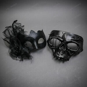 Black Skull and Feathered Masquerade Halloween Party masks